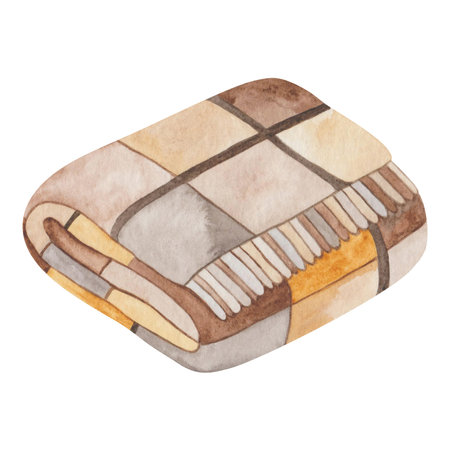 Watercolor illustration hand painted brown, beige, yellow checked plaid with tassels isolated on...