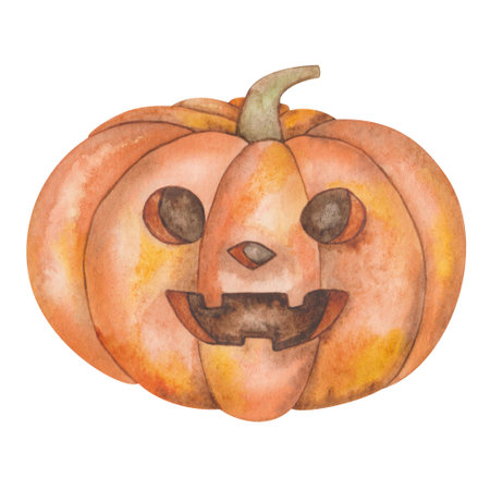Watercolor illustration hand painted orange carved jake-o-lantern pumpkin with scary face for Halloween isolated. Food clip art element for holiday celebration in autumn, design postcards, postersの写真素材
