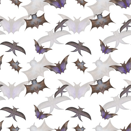 Watercolor seamless pattern from hand painted illustration of flying black bat with spread wings for Halloween isolated. Animal print for design making postcards, packaging paper, fabric materialの写真素材