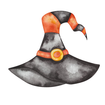 Watercolor illustration of hand painted witch, wizard long hat of black, orange colors like...