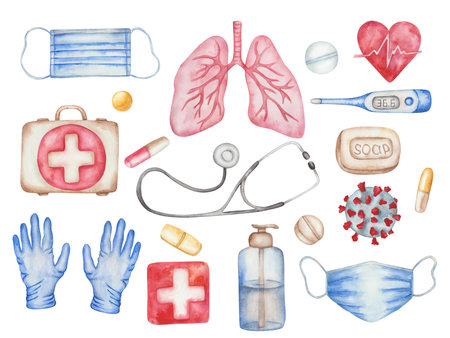 Watercolor illustration of hand painted medical blue gloves, soap, face mask, thermometer, coronavirus, satinizer. Big set of health care items. First aid luggage kit, cross, heart, stethoscope, lungsの写真素材