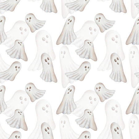 Watercolor seamless pattern from hand painted illustration of white flying ghost with face for Halloween isolated on white. Spirit character for holiday celebration in autumn, design postcards, fabricの写真素材