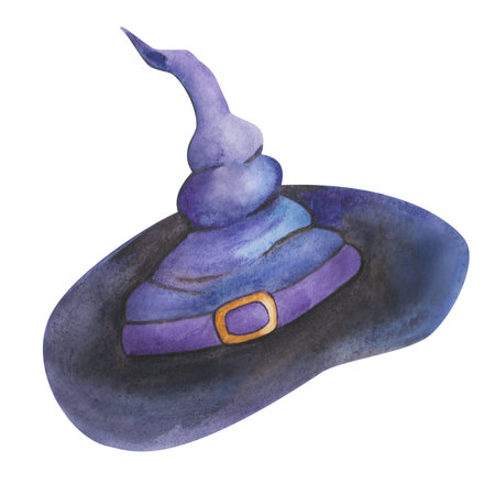 Watercolor illustration hand painted witch or wizard long hat of black and purple color with crooked end for Halloween isolated. Clip art element for design postcard, packaging paper, fabric materialの写真素材
