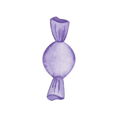 Watercolor illustration hand painted purple candy, sweets drop for children isolated on white. Clip art element for design packaging, textile print, postcards, advertisements, birthday invitationsの写真素材
