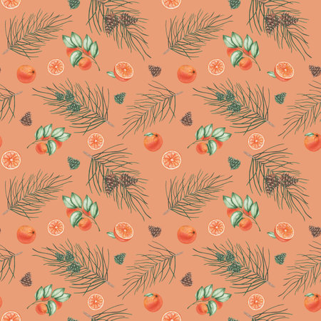 Watercolor seamless pattern. Hand painted illustration of fir tree branch, pine, spruce with cones....