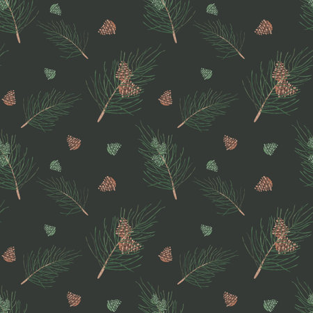 Watercolor seamless pattern. Hand painted illustration of fir tree branch, pine, spruce with brown and green cones. Coniferous forest nature. Print on green background for fabric textile, packagingの写真素材