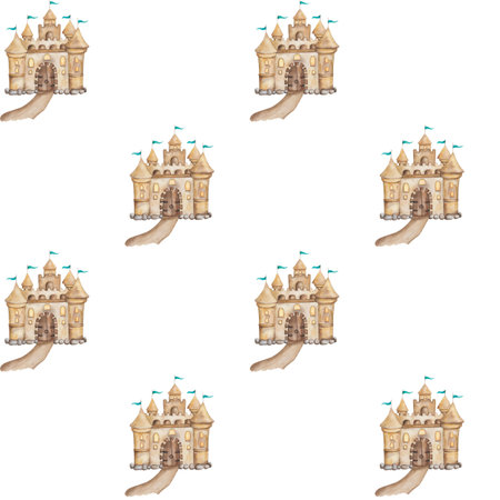 Watercolor seamless pattern from hand painted illustration of castle, fortress, palace in sand, brown color with green flags, path, stones. Print of mansion with towers for chidren fabric textileの写真素材