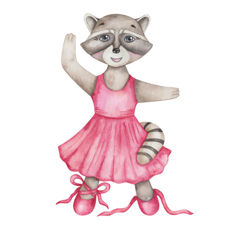 Watercolor illustration of hand painted grey raccoon girl in dance studio in pink dress and ballet shoes with laces. Cartoon animal character. Isolated clip art for children fabric textile printの写真素材
