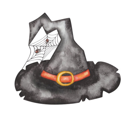 Watercolor illustration of hand painted hat in black, orange colors with buckle, insects spiders, cobweb, net. Witch, wizard crooked hat. Isolated clip art for Halloween cards, packaging paper, printsの写真素材