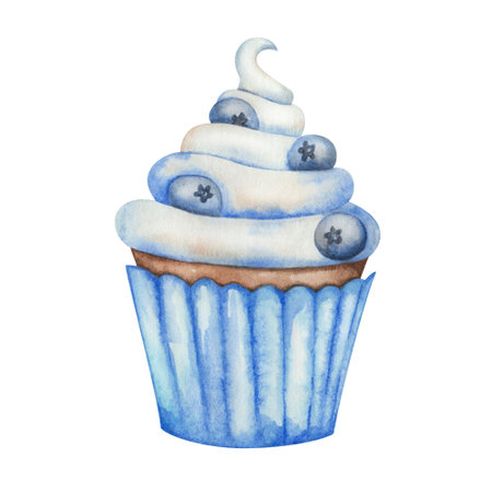 Watercolor illustration of hand painted cupcake with blue meringue and blueberries. Baked muffin with cream in cup. Sweet food dessert for cafe, restaurant. Isolated clip art for menu, advertisementの写真素材