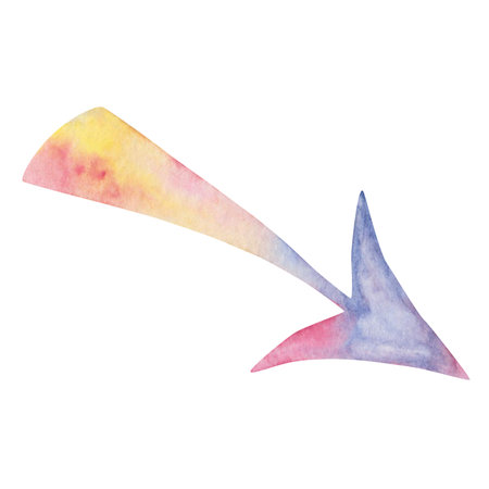 Watercolor illustration hand painted colorful arrow showing the way, direction on the road isolated on white background. Sign clip art element for design postcards, packaging paper, posters, bannersの写真素材