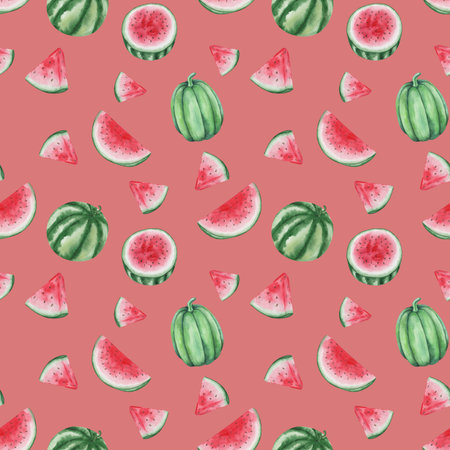 Watercolor seamless pattern. Hand painted illustration of green, red watermelon with black seeds cut...