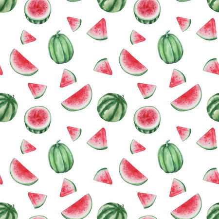 Watercolor seamless pattern. Hand painted illustration of green, red watermelon with black seeds cut in half, sliced. Summer fruit, sweet berry. Print on white background for fabric textile, packagingの写真素材