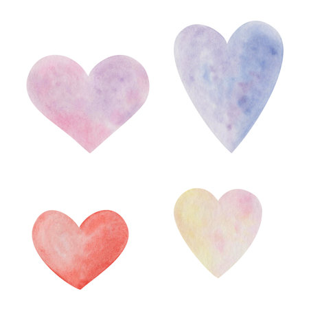 Watercolor illustration of hand painted red, pink, blue hearts with gradient isolated on white. Clip art design set of elements for birthday postcard, wedding invitation. Love card for Valentine's Dayの写真素材