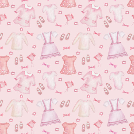 Watercolor seamless pattern. Hand painted illustration of children clothes: dress, t-shirt, shoes, bodysuit, bonnet. Girl clothes. Baby shower. Print on pink background for fabric textile, packagingの写真素材