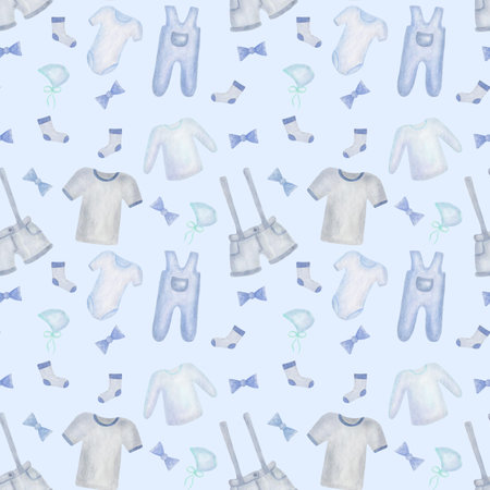 Watercolor seamless pattern. Hand painted illustration of children clothes: shorts, t-shirt, socks, bodysuit, bonnet. Boy clothes. Baby shower. Print on blue background for fabric textile, packagingの写真素材