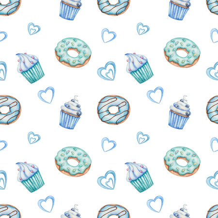 Watercolor seamless pattern. Hand painted illustration of cupcakes and donuts in blue, green colors. Muffins and doughnuts with hearts, blueberries, sprinkles, icing, cream. Print on white backgroundの写真素材