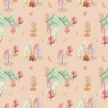 Watercolor seamless pattern. Hand painted illustration of antumn forest. Nature scenery with mountain, trees, leaves, fire on logs. Hiking in woods. Print on brown background for textile, packagingの写真素材