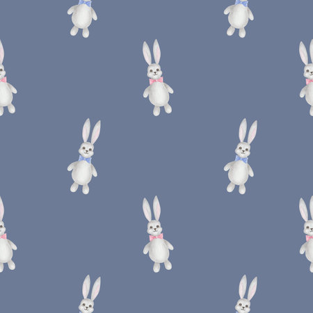 Watercolor seamless pattern. Hand painted illustration of grey bunny. Hare with pink and blue bows. Cute cartoon rabbit toy. Print on blue background for children fabric textile, wallpaper, packagingの写真素材