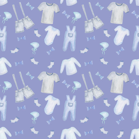 Watercolor seamless pattern. Hand painted illustration of children clothes: shorts, t-shirt, socks, bodysuit, bonnet. Boy clothes. Baby shower. Print on blue background for fabric textile, packagingの写真素材