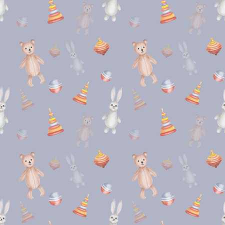 Watercolor seamless pattern. Hand painted illustration of teddy bear, bunny hare, baby toys. Ball, colorful pyramid, whirligig, spinning-top, pegtop. Print on grey background for children textileの写真素材