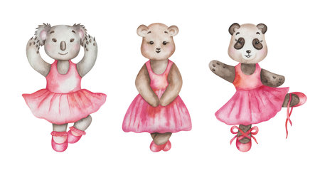 Watercolor illustration. Hand painted cartoon bears in dance studio in pink dress, ballet shoes. Koala, black and white panda, teddy bear. Animal character. Isolated clip art for children textileの写真素材