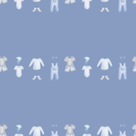 Watercolor seamless pattern. Hand painted illustration of children clothes: shorts, t-shirt, socks, bodysuit, bonnet. Boy clothes. Baby shower. Print on blue background for fabric textile, packagingの写真素材
