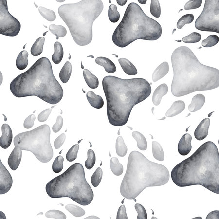Watercolor seamless pattern. Hand painted illustration of grey paws of dog, wolf. Footprint with claws. Predator animal paw print. Print on white background for fabric textile, packaging, postcardの写真素材