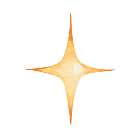 Watercolor illustration. Hand painted four pointed star in yellow, golden color. Sky element. Outer space. Nature, outdoor. Isolated clip art for prints, patterns, bannersの写真素材