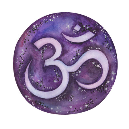 Watercolor illustration. Hand painted om symbol in circle in purple, blue, black, violet colors. Sacred sound of religion, mantra. Space colors of starry night. Isolated clip art for banners, postersの写真素材