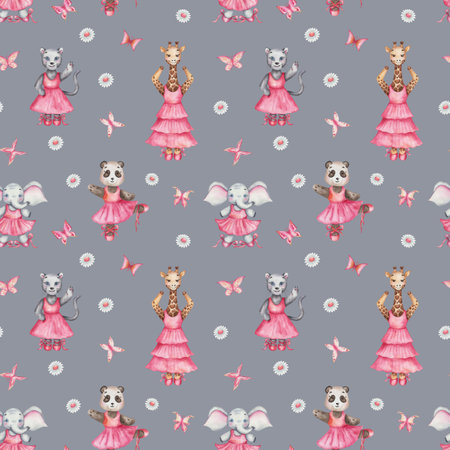 Watercolor seamless pattern. Hand painted illustration of cartoon elephant, panther cat, panda bear, giraffe. Girls in dance studio in pink dress, ballet shoes. Print on grey background for textileの写真素材