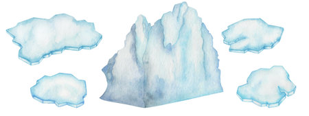 Watercolor set of illustrations. Hand painted ice floe, iceberg. Blue, white glacier, block of ice. Floating frozen snow, water in sea, ocean. Cold winter. Arctic, Antarctic. Isolated clip artの写真素材