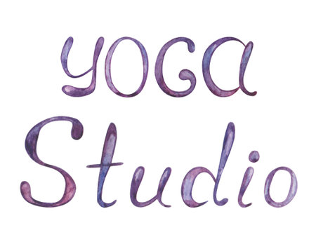 Watercolor illustration. Hand painted Yoga Studio sign. Handwritten words in purple, violet colors. Mindfulness and healthy lifestyle. Sport activity. Isolated clip art. Signboard for banners, postersの写真素材