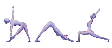 Watercolor set of illustrations. Hand painted yoga girls in asanas. Triangle Pose. Downward Facing Dog. Warrior First posture. Stretching, balance. Isolated sport clip art for yoga studioの写真素材