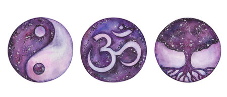 Watercolor set of illustrations. Hand painted religious symbols, sacred signs. Mantra Om, yin-yang,...