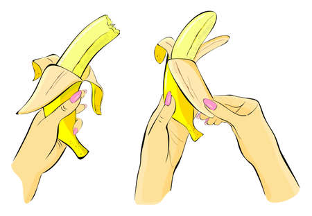 Bananas. The hand is peeling a banana. Bananas in hand. Hands with bananas Ripe banana. Banana illustrationのイラスト素材