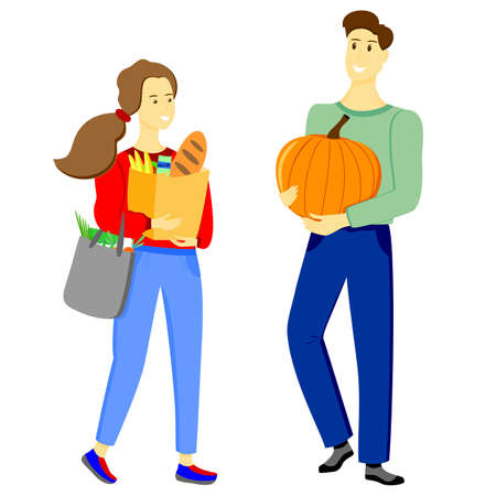 People with groceries. The man and woman bought vegetables and bread. A man with a pumpkin. Halloween pumpkinのイラスト素材