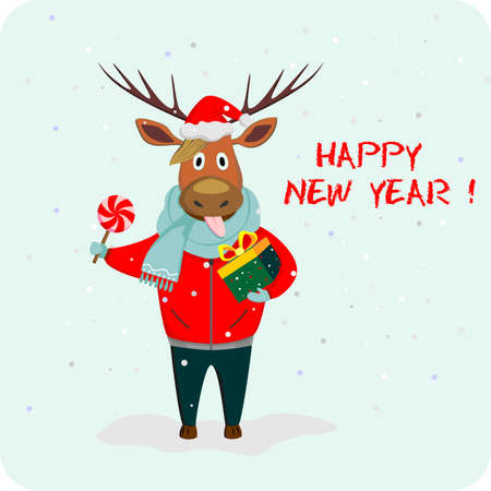 Funny deer with a gift and a lollipop. New year greeting card.のイラスト素材