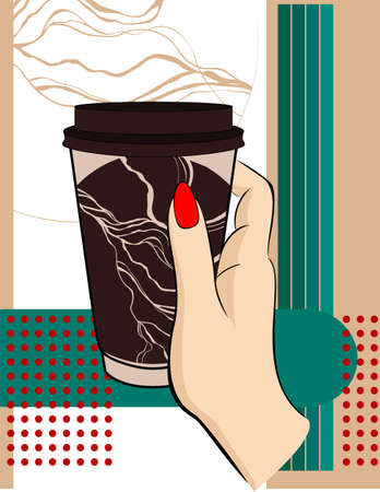 A poster for a street coffee shop. Paper cup with coffee in the hand of a girl with bright nailsのイラスト素材