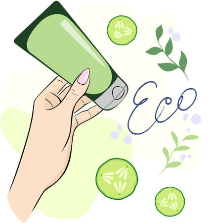 Eco hand cream. A woman's hand holds a tube of cream. Hand cream. Cucumber slices and sprigs of herbs.のイラスト素材