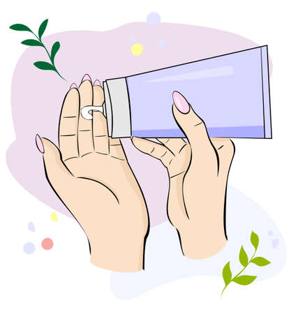 Hand cream. Women's hands squeeze the cream out of the tube. View from above. Eco cream concept depicted on a light background with sprigs of greeneryのイラスト素材