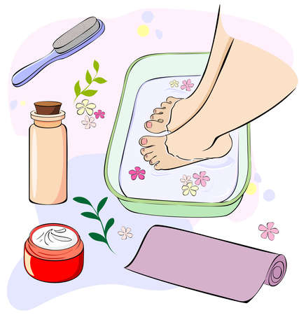 Spa treatments for the beauty of the feet. Women's feet in a basin of warm water and flowers. Cosmetic cream, oil and pumice for careのイラスト素材