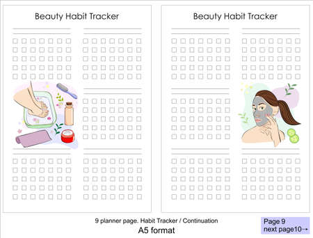 Tracking habits. Cosmetic habits tracking template for planner. Vector illustration of a foot bath and facial mask with clay. Page 9のイラスト素材