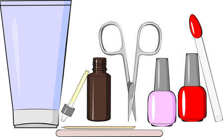 Set of vector illustrations of manicure supplies. Cream, cuticle oil, nail scissors, nail file and varnish.のイラスト素材