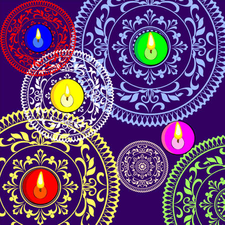 Blue background with ornament, pattern and candles for Diwali holidayのイラスト素材