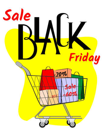 Flyer, banner, promo for black friday with the image of a shopping cart, boxes, packages.のイラスト素材