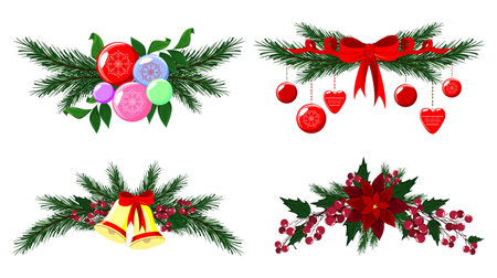 Christmas garlands. Red poinsettia, bells, balls and ribbons on fir branchesのイラスト素材