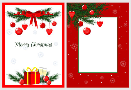 New Year, Christmas cards, templates. Twigs were eaten with toys, balls, gifts and champagne. Vector illustrationのイラスト素材
