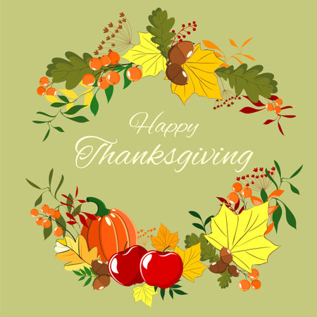 Thanksgiving card. Frame made of branches, leaves, apples and pumpkin with an inscription in autumn colorsのイラスト素材