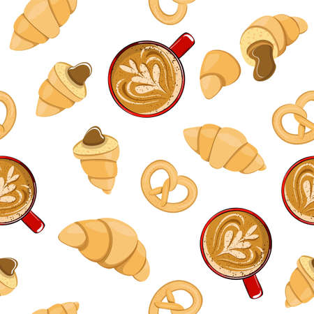 Cup with coffee and croissant. Croissants with chocolate filling, fresh pastries, rolls. Seamless backgroundのイラスト素材